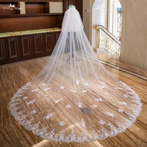 LZP310 Real Bridal Accessories Two Layer Cathedral Wedding Veil Applique Edge With Pearls Bridal Veil Blusher Wedding Veil