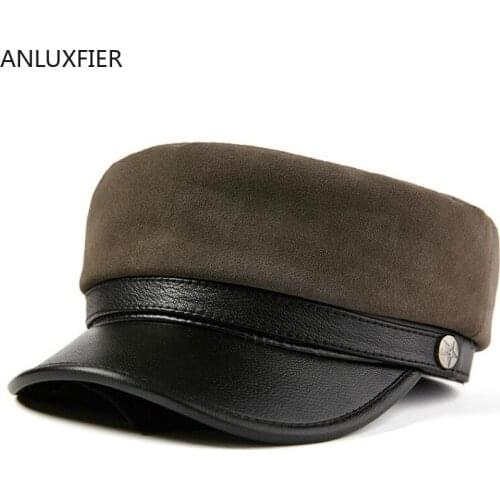 H7595 Fashion Sheepskin Military Hat Flat Top Young Students Navy Cap Men Women Genuine Leather Korean Warm Comfortable Caps
