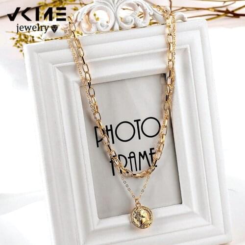 VKME Fashion Multilayer Necklace For Women Head Portrait Coin Gold Necklace Jewelry Party Gift
