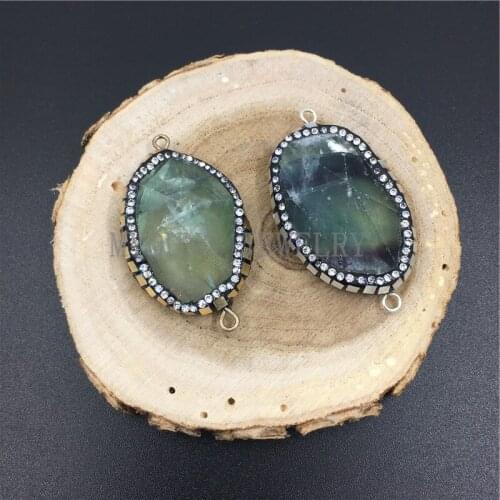 MY0964 Faceted Freeform Fluorite Pendant Pave Rhinestone Gold Or Silver Connector