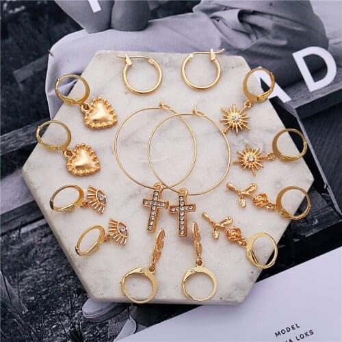 IF ME Fashion Mixed 7Pairs/Set Gold Metal Round Circle Hoop Earrings Set For Women Heart Cross Eyes Pendant Earrings Jewelry New