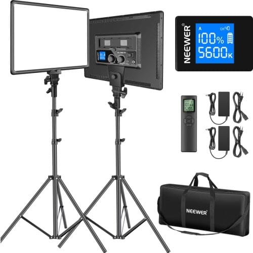 Neewer 90W LED Video Lighting with 2.4G Wireless Remote Kit:2-Pack Bi-Color 18" LED Panel+ Light Stand,3200K-5600K CRI97+ Light
