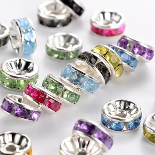 Pandahall 50pcs Rhinestone Spacer Beads, Iron, Grade B, Silver Color, Mixed Color, 8x3.8mm, Hole: 2mm