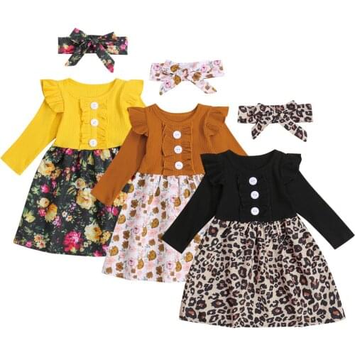 Baby Girl Floral Ruffled Dress with Headband Long Sleeve Patchwork Dresses 6M-5Y Toddler Kids Spring Fall Casual Sundress Outfit