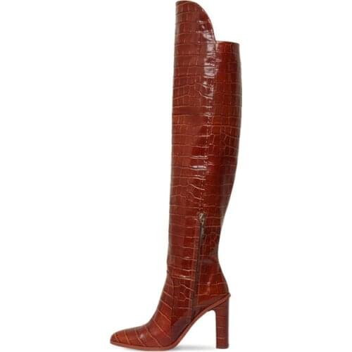 Genuine Leather Over The Knee Boots Women Alligator Skin Print Motorcycle Boots Designer Thick Heel Winter Boots Fashion Zipper