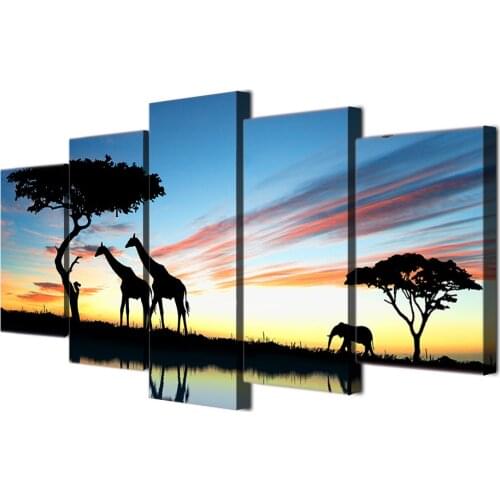 Modern Wall Art Canvas Printed Painting Frame Pictures 5 Pieces African Animal Giraffe Elephant Sunset Landscape Poster