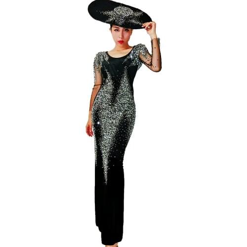Sparkling Rhinestones Backless Floor-Length Dress Mesh Gauze Long Sleeve Round Hat Party Evening Costume Women Performance Wear
