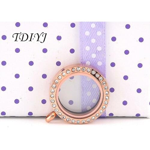 TDIYJ New Arrival 25mm Stainless Steel Rose Gold Round Magnetic Floating Locket with Crystals as Gifts for Lover 10pcs/lot