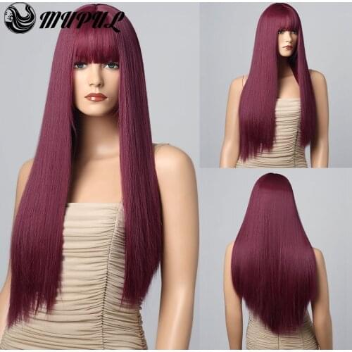 Wine Red Long Straight Daily Hair Colored Synthetic Wigs With Bangs For White Women Nutural Cosplay Heat Resistant Fiber Wig