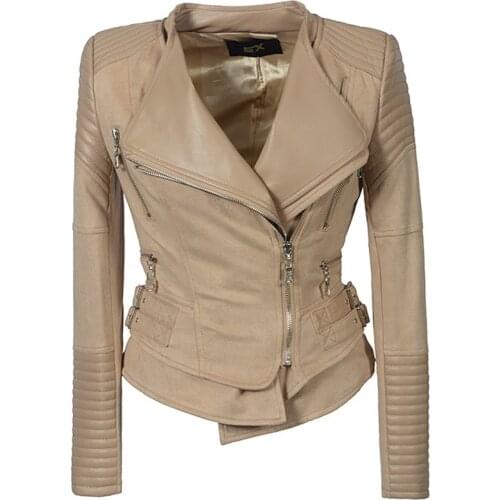 3XL Beige Motorcycle Biker Faux Leather Jacket Large Size Women Autumn Spring Female Zipper Rivet Punk Short PU Coat Clthes