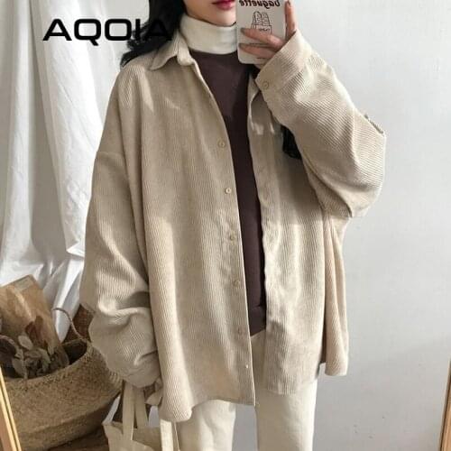Street Overisze Women Blouse Long Sleeve Corduroy Loose Turn Down Collar Ladies Shirts 2021 Winter Thick Y2k Warm Woman Clothing
