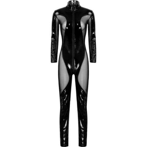 Womens Body Latex Wet Look Jumpsuits Leather Mesh Patchwork Skinny Bodysuit Long Sleeve Zipper Slim Fit Clubwear Costumes