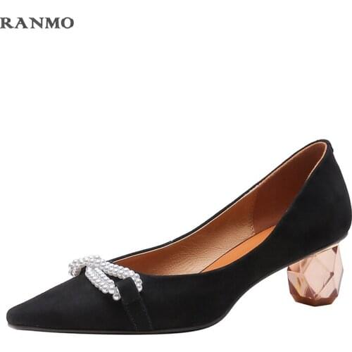 Genuine Leather Pumps Women Pointed Toe Pearl Decor Footwear Fashion Shallow High Heels Shoes Female Casual Shoes 2021 Spring