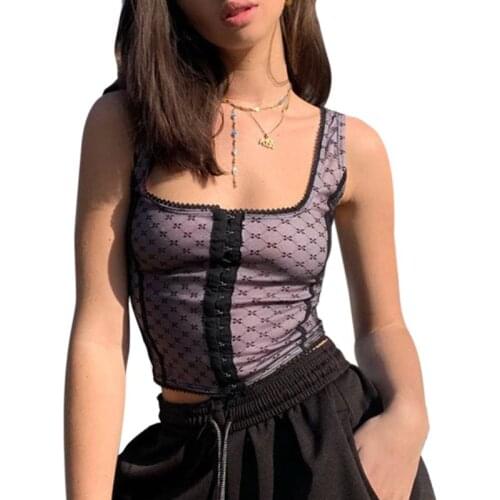Women Summer Sleeveless Buckle Front Crop Top Wave Point Snowflake Mesh Net Slim Vest Sexy Square Neck Party Clubwear