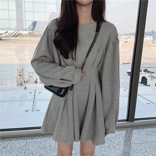 Woman dress Autumn New Arrival Korean Style Waist Slim Fashion Folds Bat Sleeve Student Long Sleeve Dress Female Free Shipping