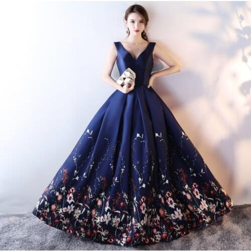2020 Sexy Printed Flower Prom Dresses Evening Gowns V Neck Sleeveless Backless A Line Long Formal Party Dress robe de soriee
