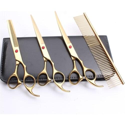 C3003 4Pcs 7.0" 19.5cm Engraving Logo Japan 440C Comb+Cutting+Thinning Scissors+UP Curved Shears Professional Pets Hair Scissors