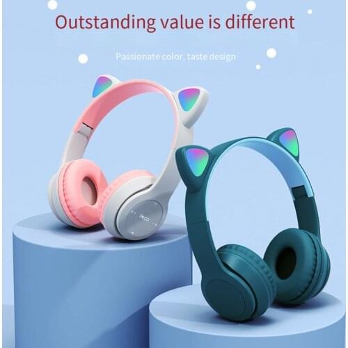 Cute Cat LED Earphones Wireless Headphones Muisc Stereo Bluetooth Headphone with Mic Children Daughter Earpieces Headset Gift