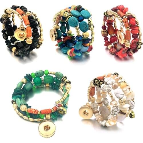 Natural Stone 017 Interchangeable Crystal Bangle Candy Colors Beads Stretch Metal Bracelet 18mm Snap Button Jewelry Women Gift