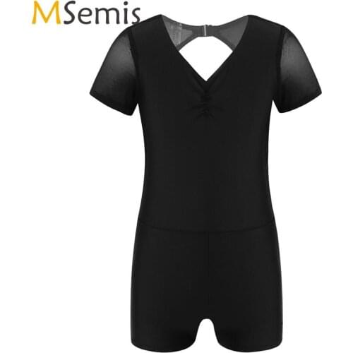Kids Girls Gymnastics Leotard Unitard Biketard Dancewear Short Sleeves Tulle Splice Pinched Front Cutouts Back Ballet Costume
