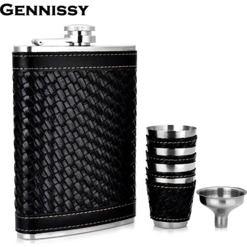 GENNISSY Black Woven Leather Wrap Steel Hip Sets Gift New Stainless Metal Portable Mini Flask Sending Wine Glass and Funnel