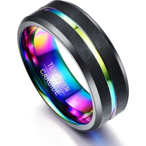 8MM wide Black Matte Plating Colorful Slotted Tungsten Steel Ring Gift Tungsten Rings For Mens Jewelry
