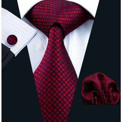 LS-704 Men`s Tie 100% Silk Red Plaid Jacquard Woven Wedding Tie Barry.Wang Hanky Cufflinks Set Neck Tie For Men Business Party