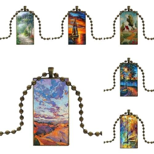 Landscape Paintings Oil For Christmas Gift Bronze Color Glass Cabochon With Rectangle Shaped Pendant Choker Necklace