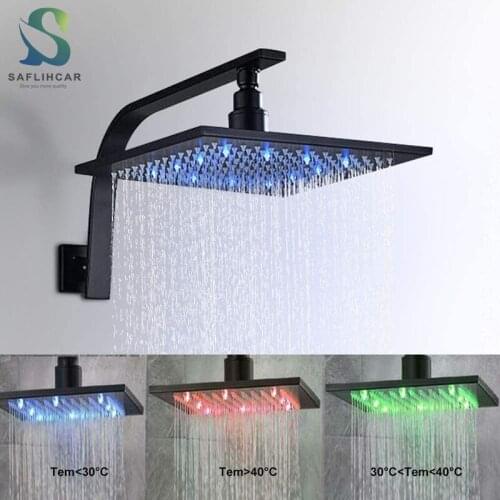 Matte Black With LED light Color Changing Rain Ttype Square Shower Wall-mounted Shower Top Spray With Shower Arm