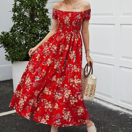 Sweet Pleated Tunic Maxi Dresses Red Floral Off Shoulder Elegant Beach Dress Summer 2021 Women Boho Girls Holiday Sundresses