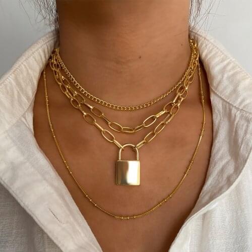DIEZI Fashion Multi layer Lock Pendant Necklace Men Punk Hip Hop Gold Silver Color Chain Padlock Pendant Necklace Women Jewelry