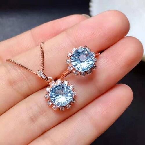 Sky Blue Topaz Ring Pendant Necklace Set S925 Pure Silver Fine Fashion Elegant Wedding Jewelry for Women Free Shipping