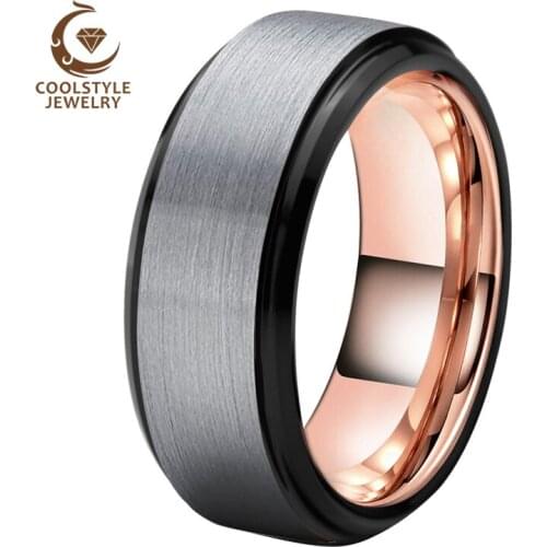 8mm Tungsten Wedding Band Ring for Men Women Comfort Fit Rose Gold Color Stepped Beveled Edges Brushed Matte finish
