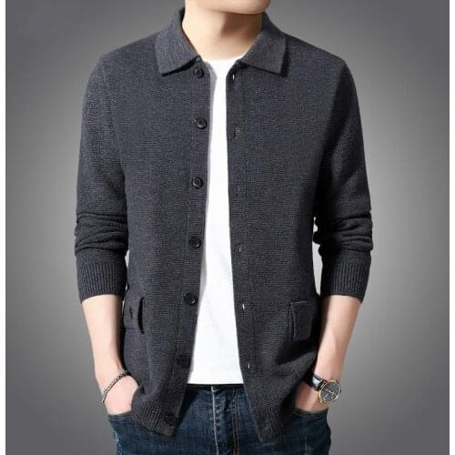Autumn Mens Knitted Cardigan Turn Down Collar Long Sleeve Sweatercoat Full Button Pocket High Grade Coat Retro Casual Clothing