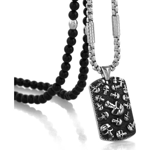 Stainless Steel Skull Pendant Necklace with Black Natural Stone Necklace 27 inch Chain