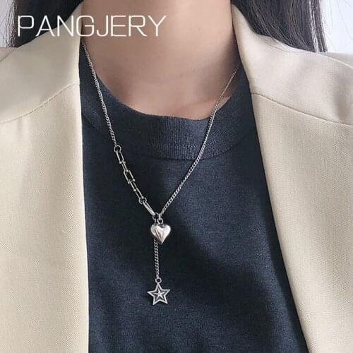 PANGJERY 925 Sterling Silver Necklaces for Women INS Fashion Simple LOVE Heart Pentagram Tassel Anniversary Fine Jewelry Gifts