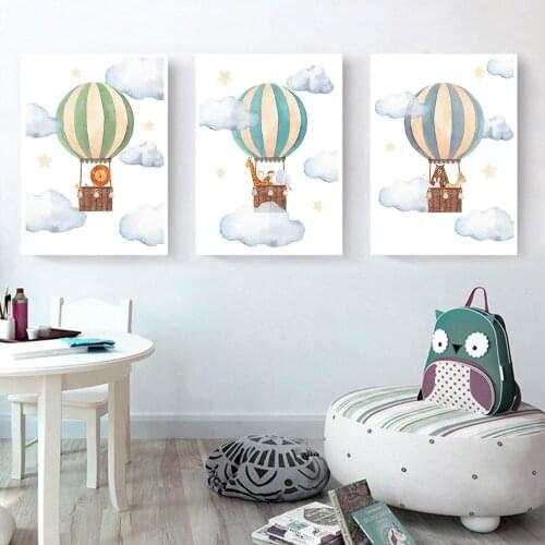 Lion Elephant Bear Woodland Animal Print Hot Air Balloon Cloud Canvas Painting Nursery Wall Art Poster Picture Baby Room Decor