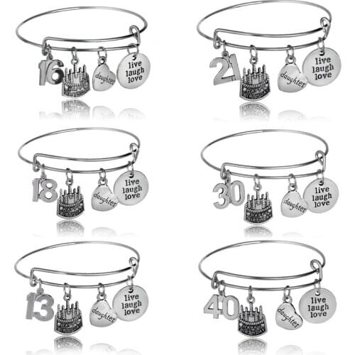Daughter Live Laugh Love Bangle 16 21 18 30 13 40 Fabulous Enamel Goblet Bracelet Birthday Cake Charm Jewelry Pendant Wristband
