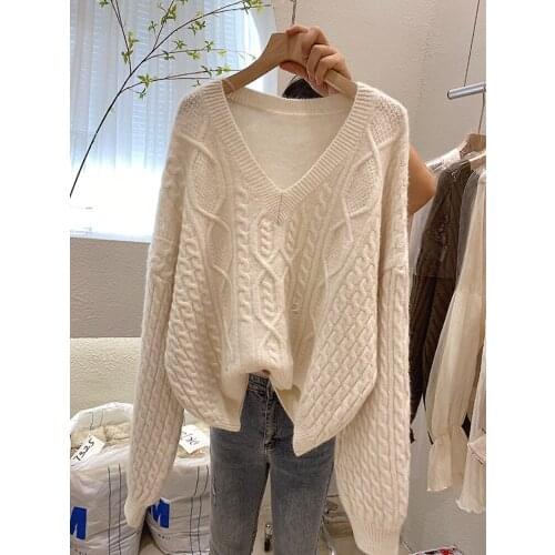 Loose Knitted Women Sweater Pullovers Winter New 2021 V-Neck Long-Sleeved Solid Female Pulls Outwear Tops