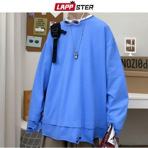 LAPPSTER Men Harajuku Fake Two Pieces Hoodies 2021 Man Hole Damage Japanese Streetwear Sweatshirts Male Oversize Harajuku Hoodie