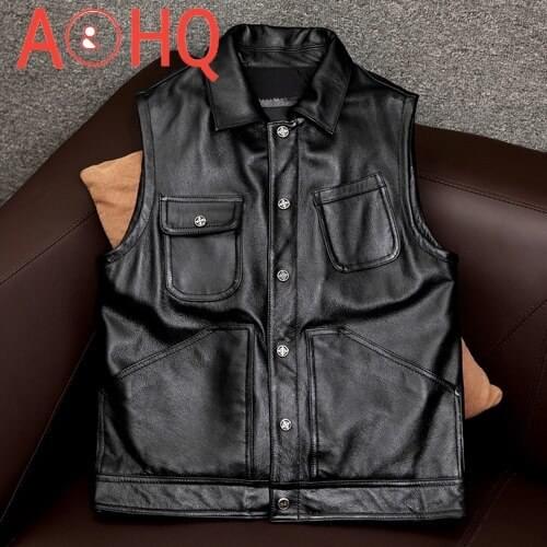 High Quality Mens Jackets Genuine Leather Vest Men 100% Cowhide Coat Plus Size Spring Autumn 2021 De Cuero Genuino