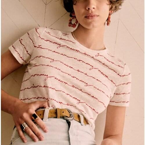 Ruelen Red French Alphabet Print Women T-shirt Short Sleeved Round Neck Striped Female Tops Niche Retro Cotton 2021 Summer Tees