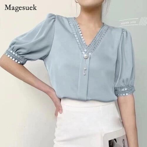 Summer 2021 Women Fashion Blouse Solid Puff Sleeve Lace V-neck Hollow Out Beading Shirt Elegant Office Lady Blouse Blusa 15507