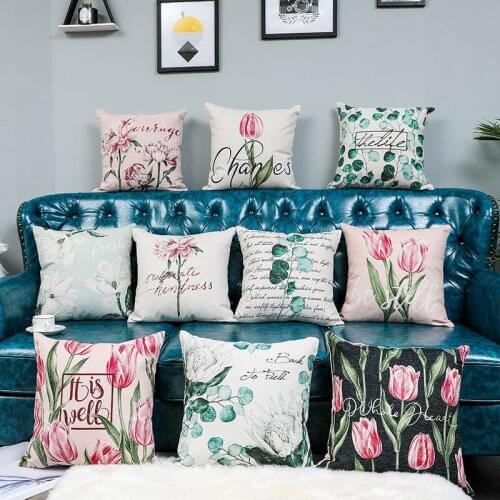Car Sofa Cushion Cotton Linen Pillowcase Country Style Peony Flower Pink Tulip Cushion Cover Home Decoration Pillowcover 45x45cm