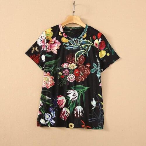 European and American womens wear for summer 2021 Short sleeved sequin nail beaded floral print Fashion T-shirt