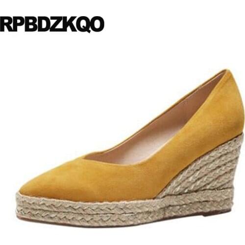 Platform Wedge Shoes 2018 Women Celebrity Pointed Toe High Heels Yellow Genuine Leather Suede 8cm Espadrilles Pumps Size 4 34
