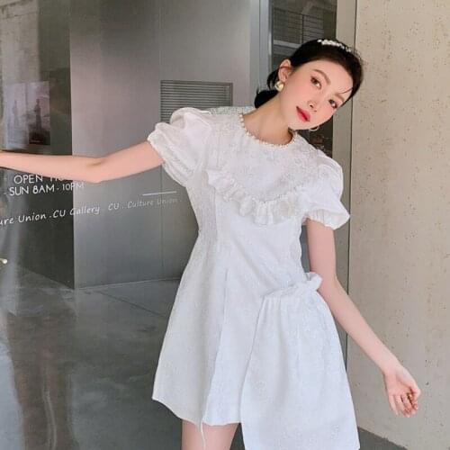 Women A-line White Irregular Dress Round-neck Short Sleeve Dress Loose Female Fashion Tide Summer 2021 New Z507