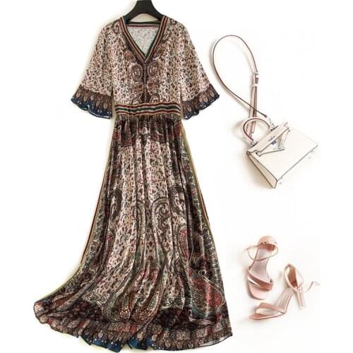 2020 summer women vintage v-neck printed chiffon dresses ladies flare sleeve long dress boho JC336