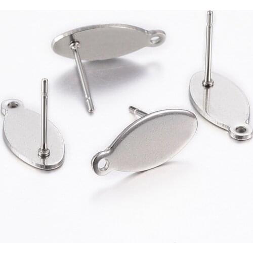 200pcs 15x7x0.8mm 304 Stainless Steel Ear Stud Components, Earring Post, Horse Eye, Stainless Steel Color, Hole: 1mm; Pin: 0.8mm