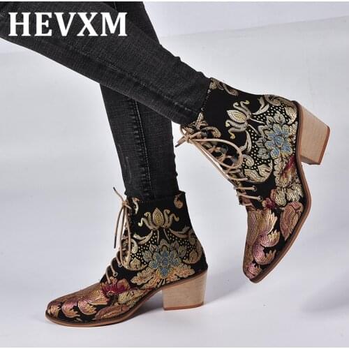 Retro Shoes Women Embroidery Flower Ankle Boots Lady Elegant Lace Up Female Silk Wood Chunky High Heel Botas Mujer
